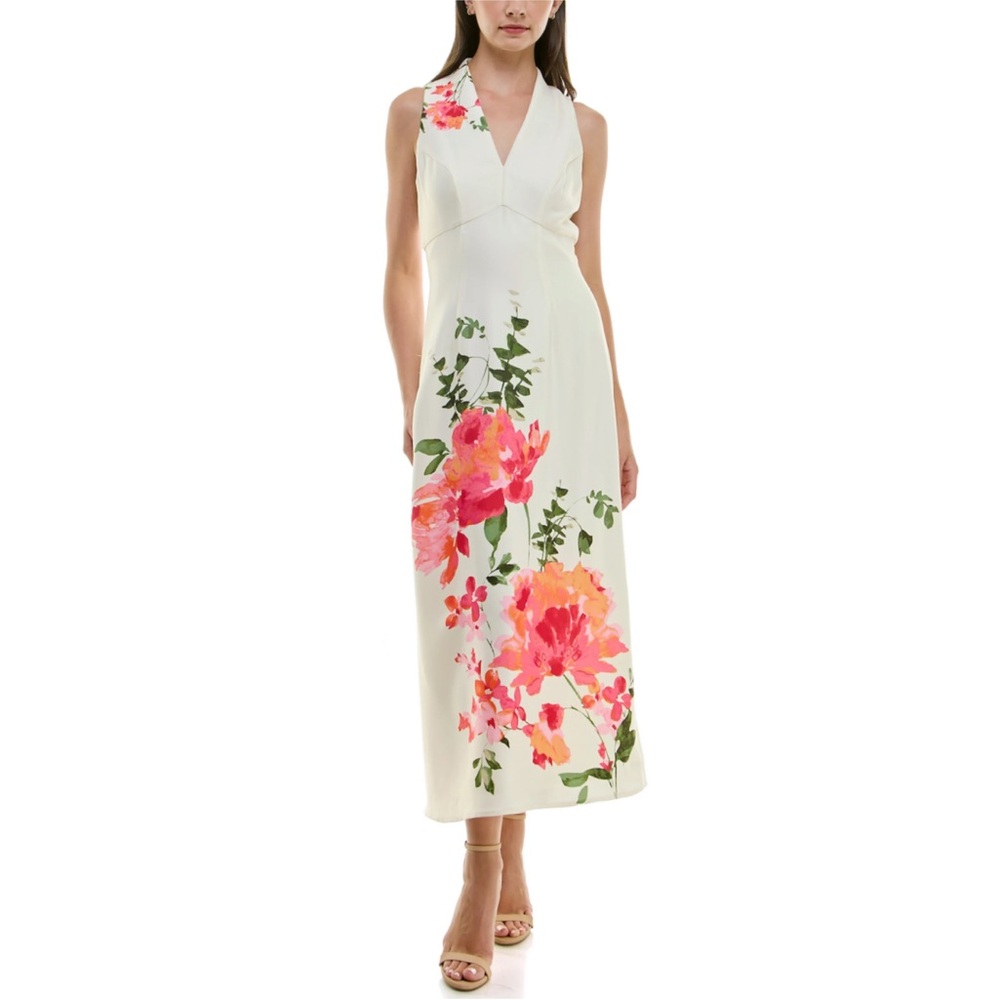 Taylor Cream, Pink and Orange Sundress Sleeveless V-Neck Shift Dress